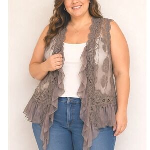 Umgee + Womens Floral Lace Ruffle Vest Taupe Mauve Boho Crochet XL 1XL Kimono